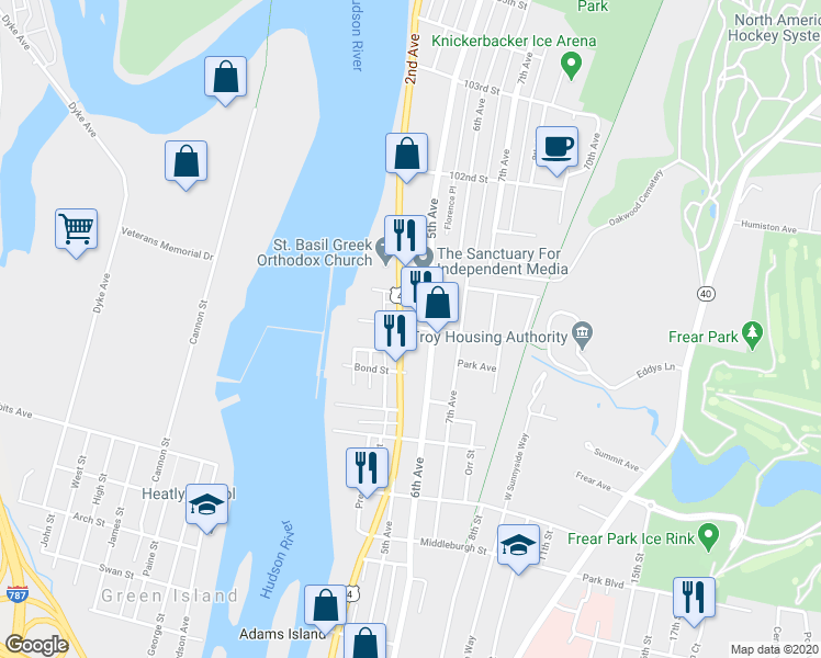 map of restaurants, bars, coffee shops, grocery stores, and more near 3275 6th Avenue in Troy