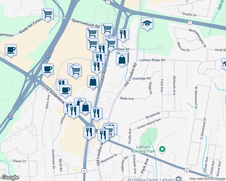 map of restaurants, bars, coffee shops, grocery stores, and more near 270 Old Loudon Road in Latham