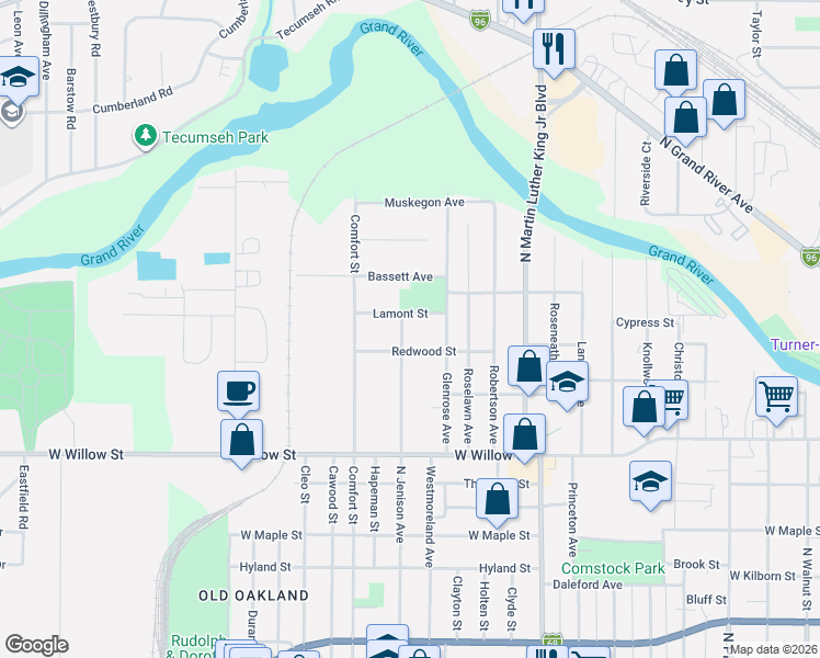 map of restaurants, bars, coffee shops, grocery stores, and more near 1500 Redwood Street in Lansing