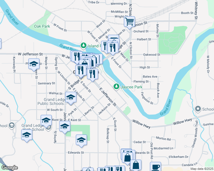 map of restaurants, bars, coffee shops, grocery stores, and more near 400 East River Street in Grand Ledge