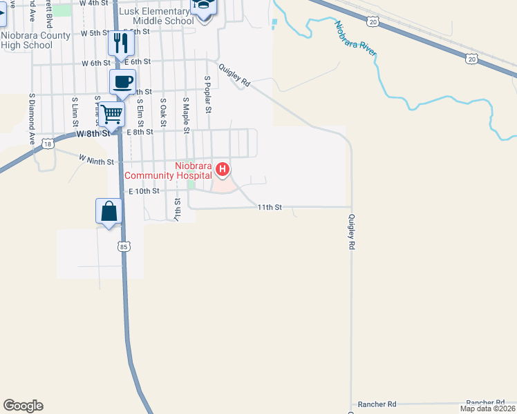 map of restaurants, bars, coffee shops, grocery stores, and more near 11th Street in Lusk
