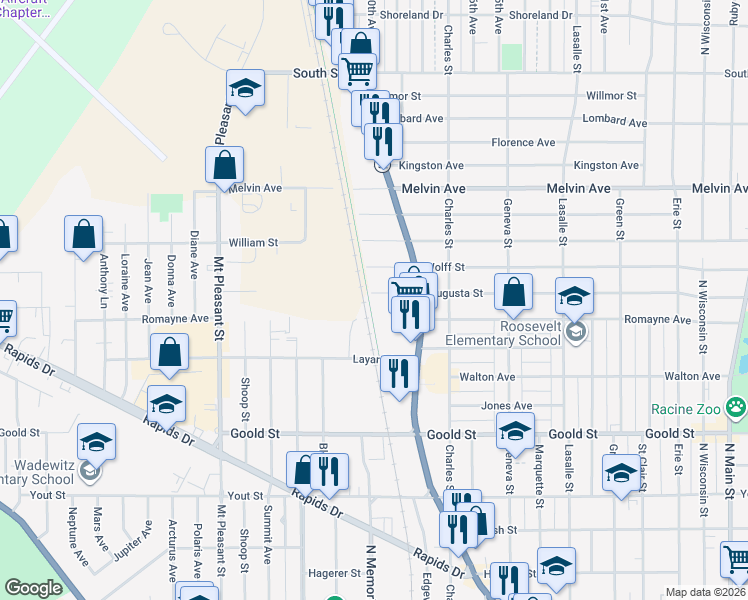 map of restaurants, bars, coffee shops, grocery stores, and more near 1529 Augusta Street in Racine