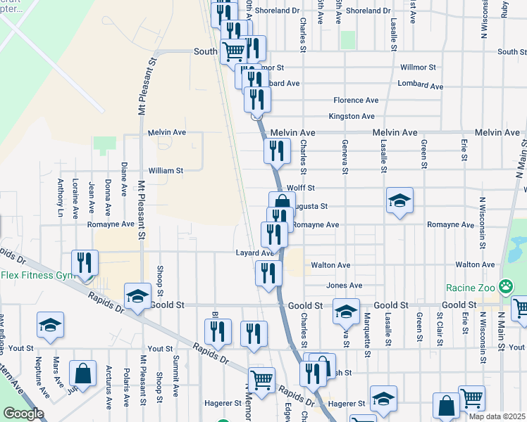 map of restaurants, bars, coffee shops, grocery stores, and more near 1529 Augusta Street in Racine