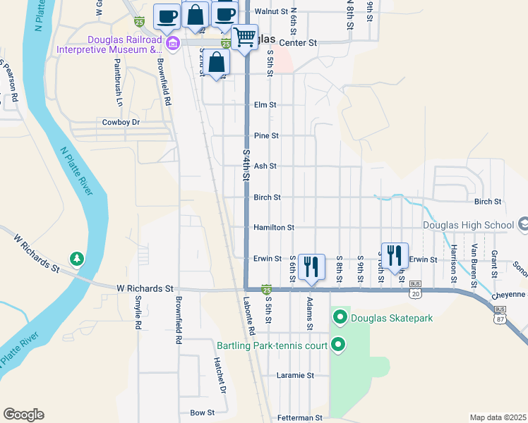 map of restaurants, bars, coffee shops, grocery stores, and more near 618 South 5th Street in Douglas