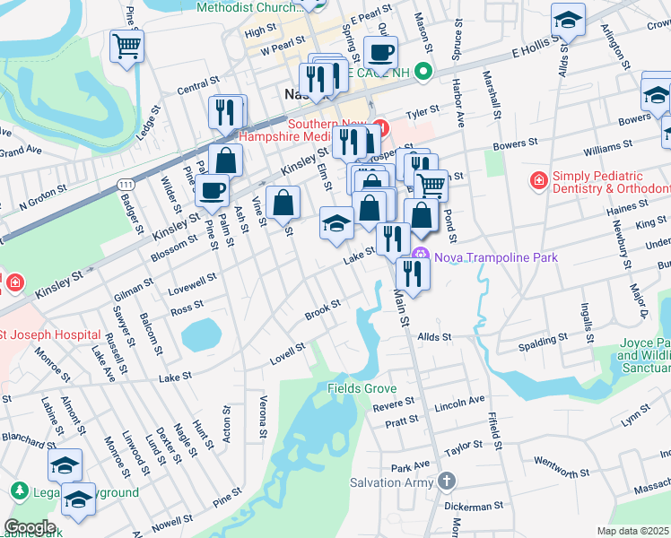 map of restaurants, bars, coffee shops, grocery stores, and more near 4 Hamilton Street in Nashua
