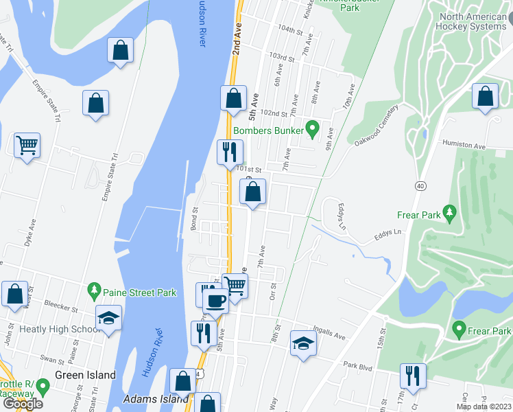 map of restaurants, bars, coffee shops, grocery stores, and more near 3275 6th Avenue in Troy