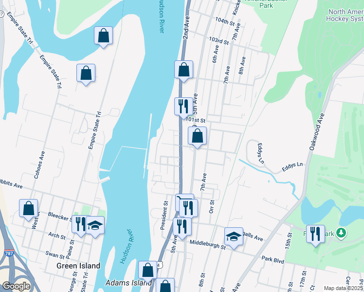 map of restaurants, bars, coffee shops, grocery stores, and more near 851 River Street in Troy
