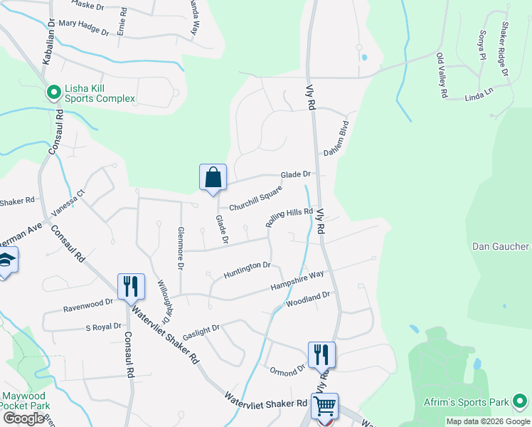 map of restaurants, bars, coffee shops, grocery stores, and more near 21 Rolling Hills Road in Schenectady