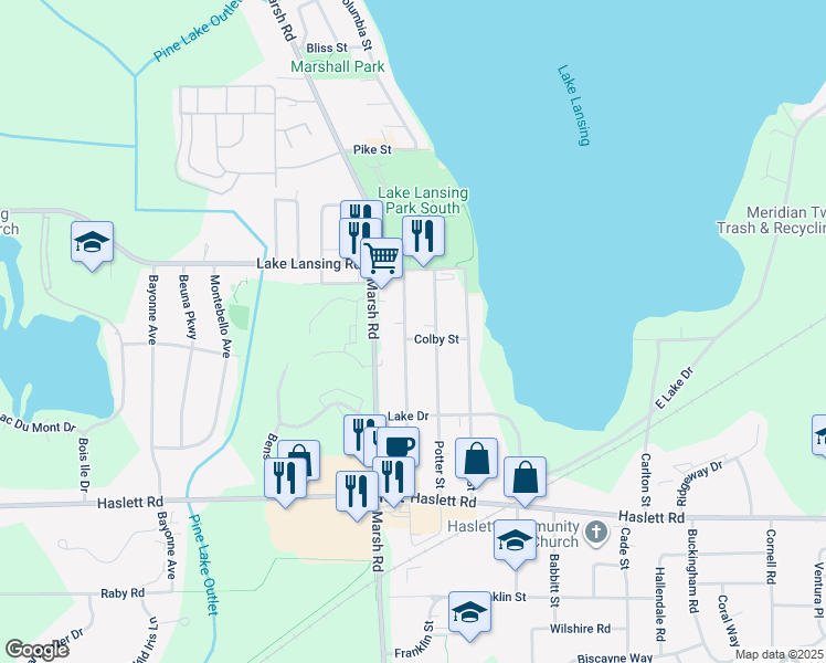 map of restaurants, bars, coffee shops, grocery stores, and more near 1577 Colby Street in Meridian charter Township