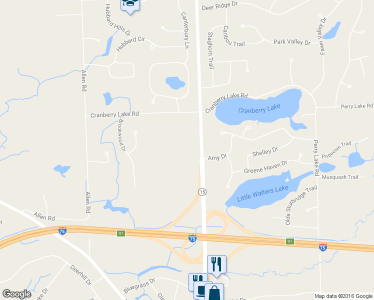 map of restaurants, bars, coffee shops, grocery stores, and more near 7763 Ortonville Road in Clarkston