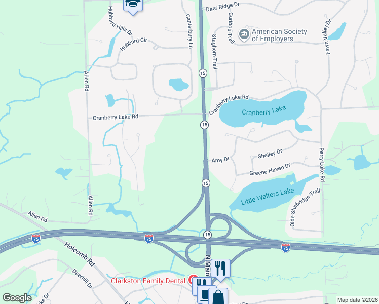 map of restaurants, bars, coffee shops, grocery stores, and more near 7763 Ortonville Road in Clarkston