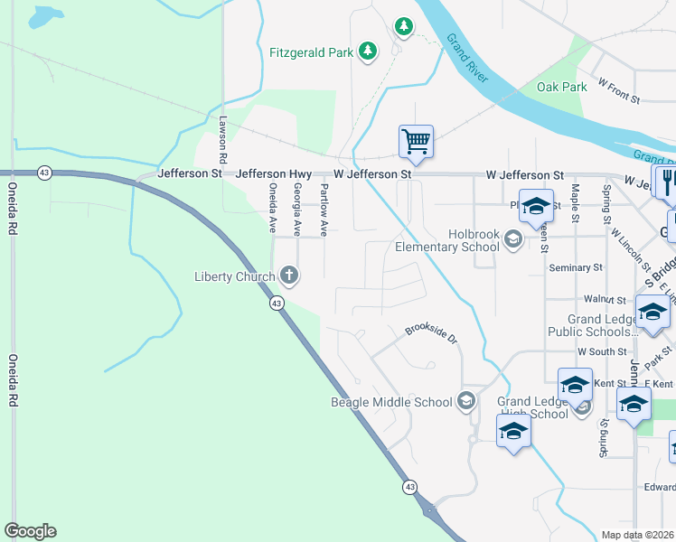 map of restaurants, bars, coffee shops, grocery stores, and more near 12780 Partlow Avenue in Grand Ledge
