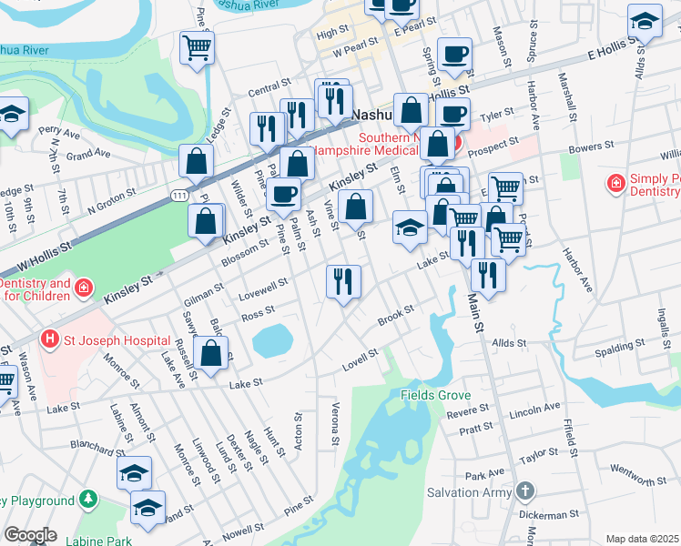 map of restaurants, bars, coffee shops, grocery stores, and more near 114 1/2 Ash Street in Nashua