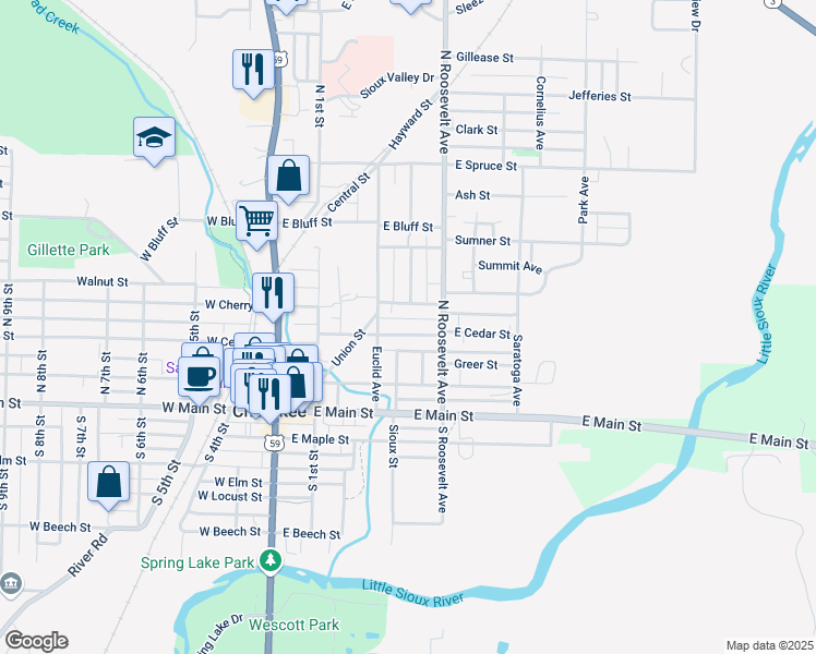 map of restaurants, bars, coffee shops, grocery stores, and more near 345 E Cedar St in Cherokee