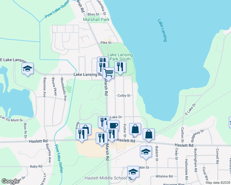map of restaurants, bars, coffee shops, grocery stores, and more near 5890 Marsh Road in Meridian charter Township