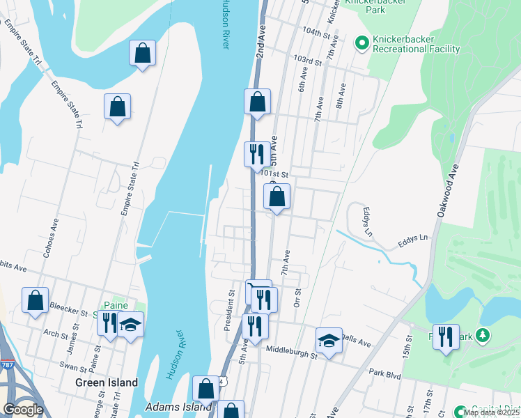 map of restaurants, bars, coffee shops, grocery stores, and more near 1 Glen Avenue in Troy