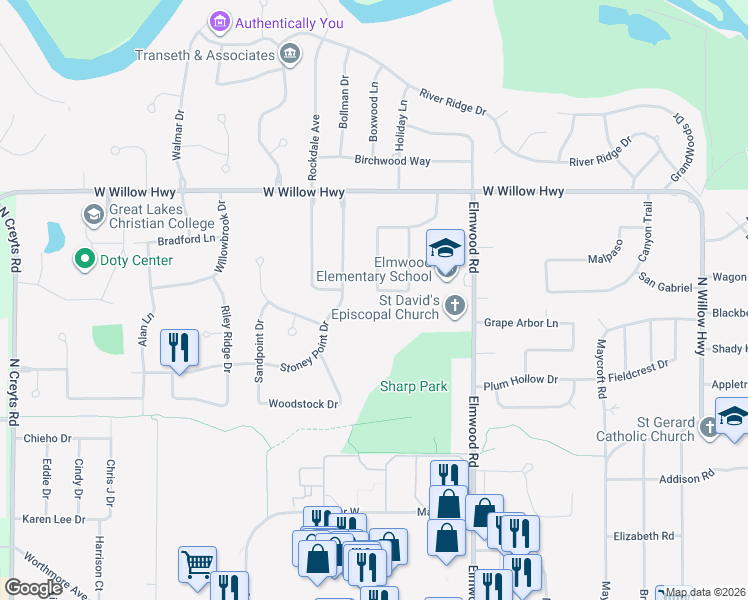 map of restaurants, bars, coffee shops, grocery stores, and more near 5447 Parkside in Lansing