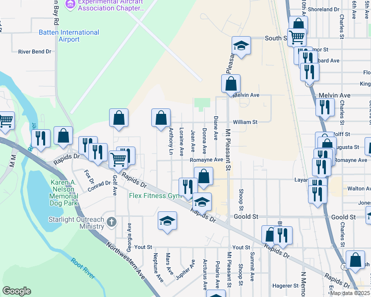 map of restaurants, bars, coffee shops, grocery stores, and more near 2400 Romayne Avenue in Racine