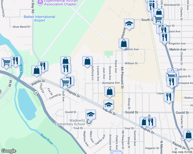map of restaurants, bars, coffee shops, grocery stores, and more near 2525 Anthony Lane in Racine