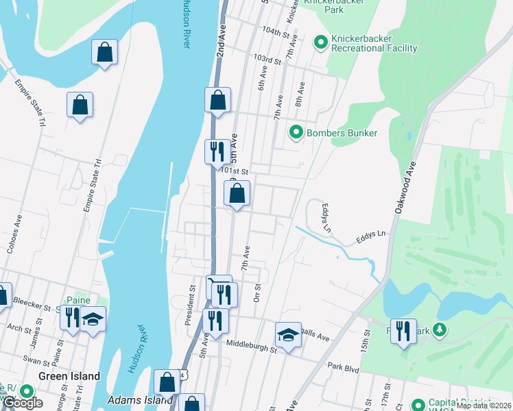 map of restaurants, bars, coffee shops, grocery stores, and more near in Troy