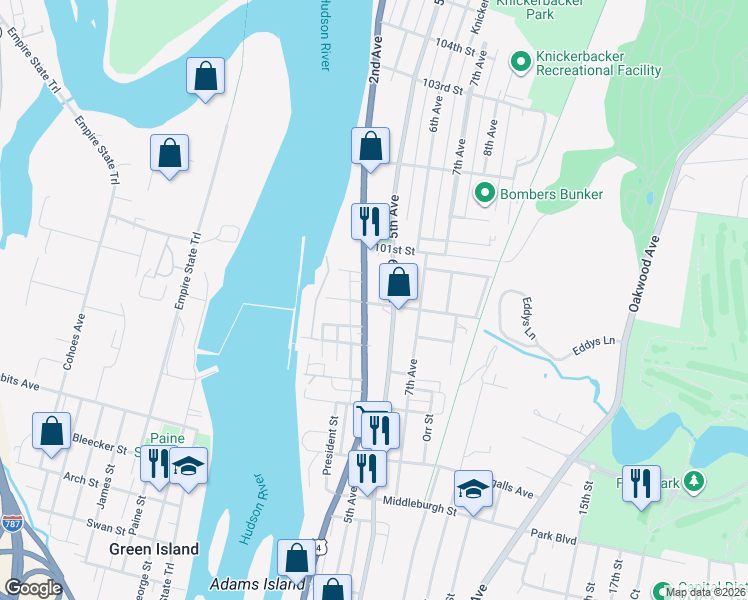 map of restaurants, bars, coffee shops, grocery stores, and more near 3275 6th Avenue in Troy