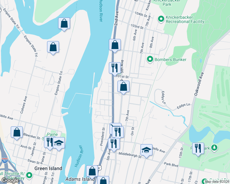 map of restaurants, bars, coffee shops, grocery stores, and more near 3275 6th Avenue in Troy