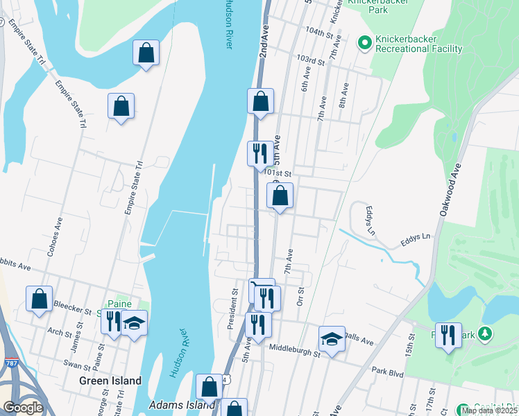 map of restaurants, bars, coffee shops, grocery stores, and more near 851 River Street in Troy