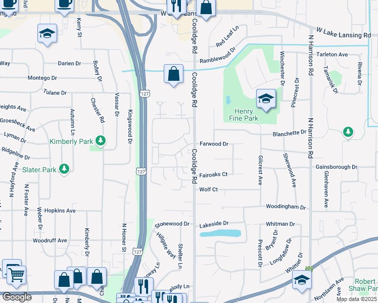 map of restaurants, bars, coffee shops, grocery stores, and more near 1635 Coolidge Road in East Lansing