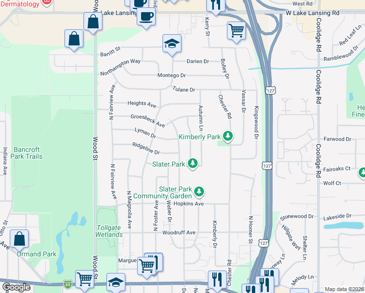 map of restaurants, bars, coffee shops, grocery stores, and more near 1619 Gay Lane in Lansing