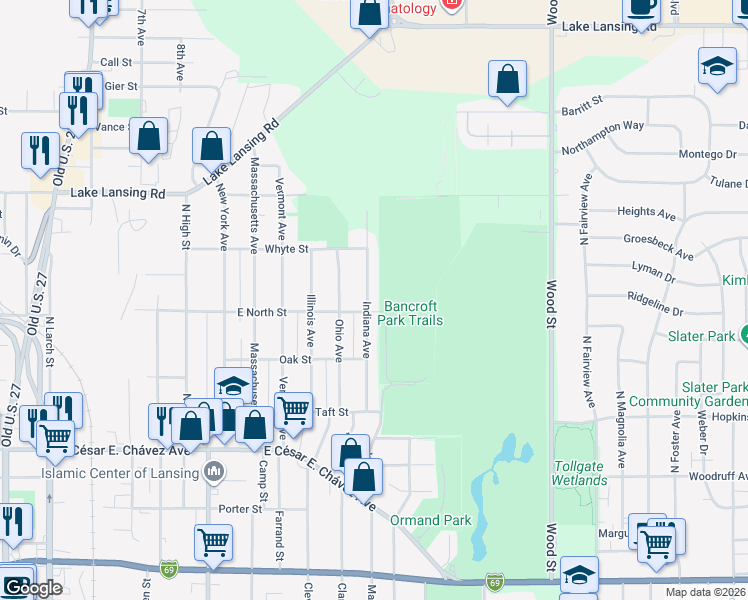 map of restaurants, bars, coffee shops, grocery stores, and more near 1539 Indiana Avenue in Lansing