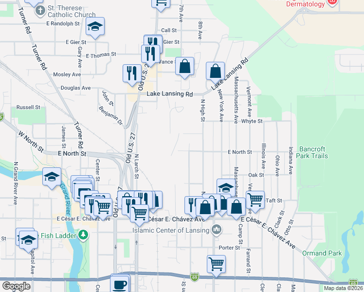map of restaurants, bars, coffee shops, grocery stores, and more near 1561 Ballard Street in Lansing