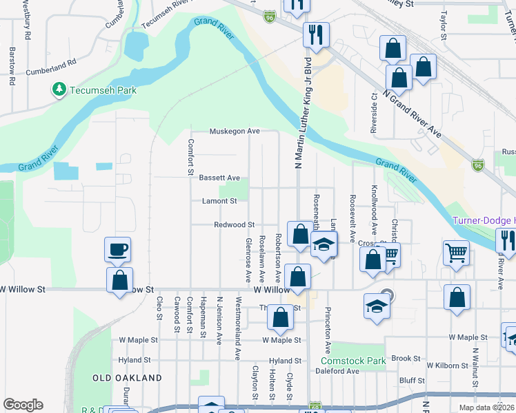 map of restaurants, bars, coffee shops, grocery stores, and more near 1443 Roselawn Avenue in Lansing