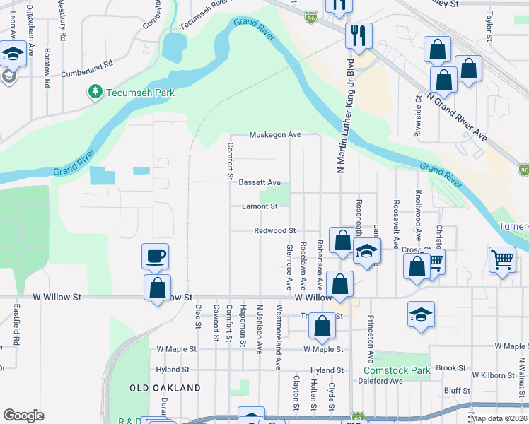 map of restaurants, bars, coffee shops, grocery stores, and more near 1500 Redwood Street in Lansing