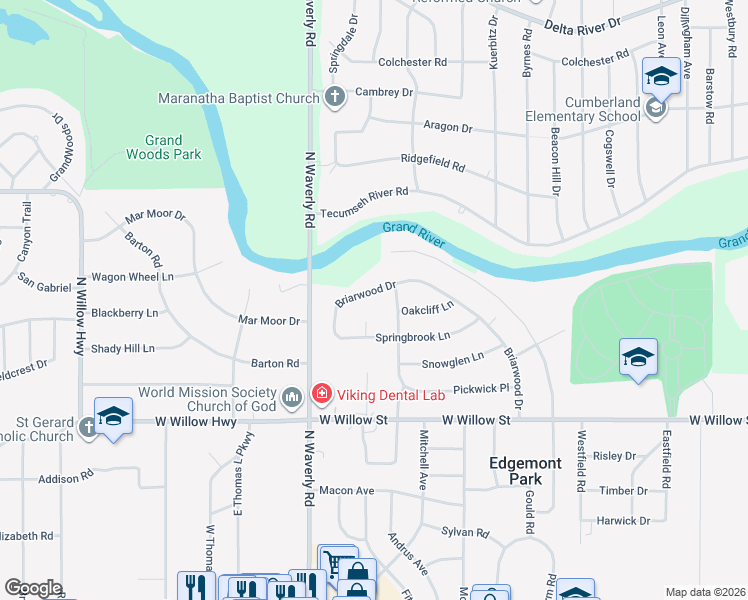 map of restaurants, bars, coffee shops, grocery stores, and more near 1914 Keegan Court in Lansing