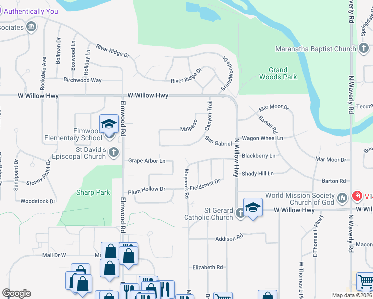 map of restaurants, bars, coffee shops, grocery stores, and more near 4732 Blackberry Lane in Lansing