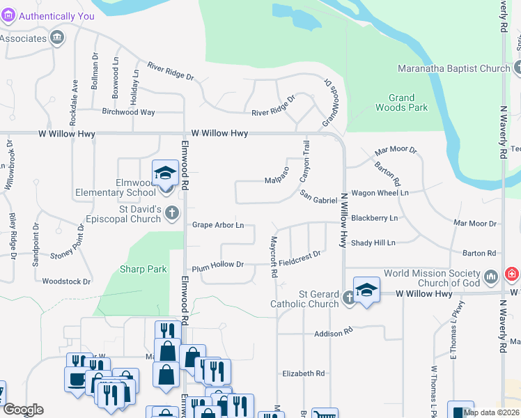 map of restaurants, bars, coffee shops, grocery stores, and more near 1534 Lotipac Place in Lansing