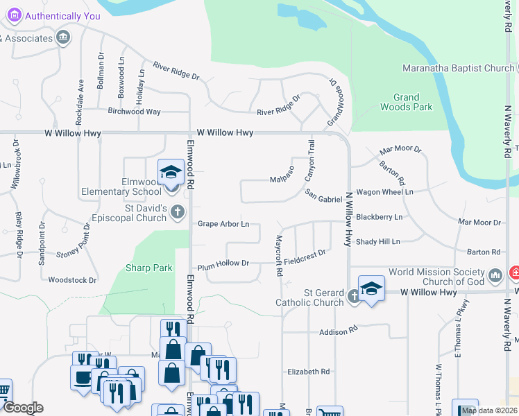 map of restaurants, bars, coffee shops, grocery stores, and more near 1534 Lotipac Place in Lansing