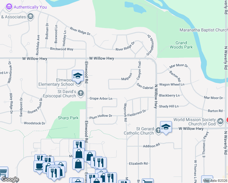 map of restaurants, bars, coffee shops, grocery stores, and more near 1534 Lotipac Place in Lansing