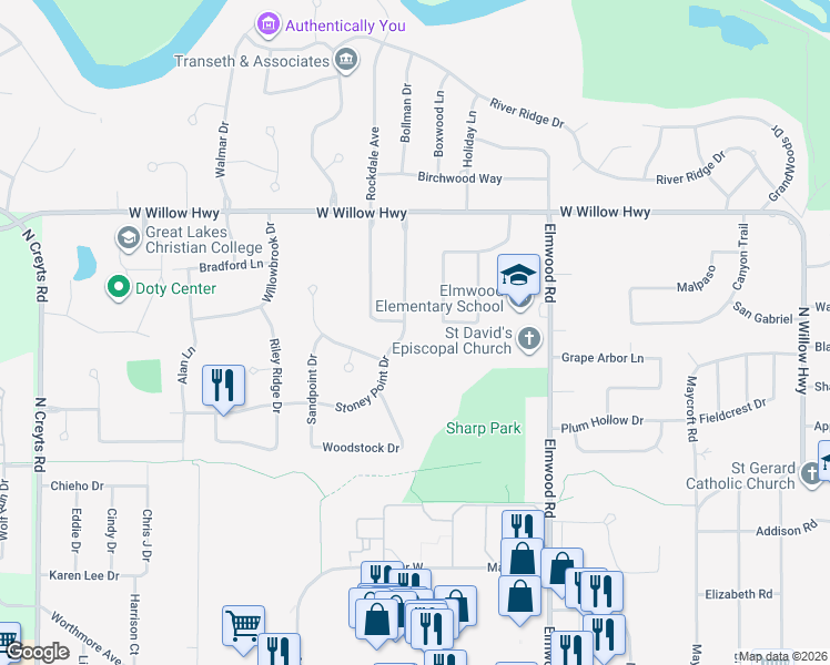 map of restaurants, bars, coffee shops, grocery stores, and more near 5447 Parkside in Lansing
