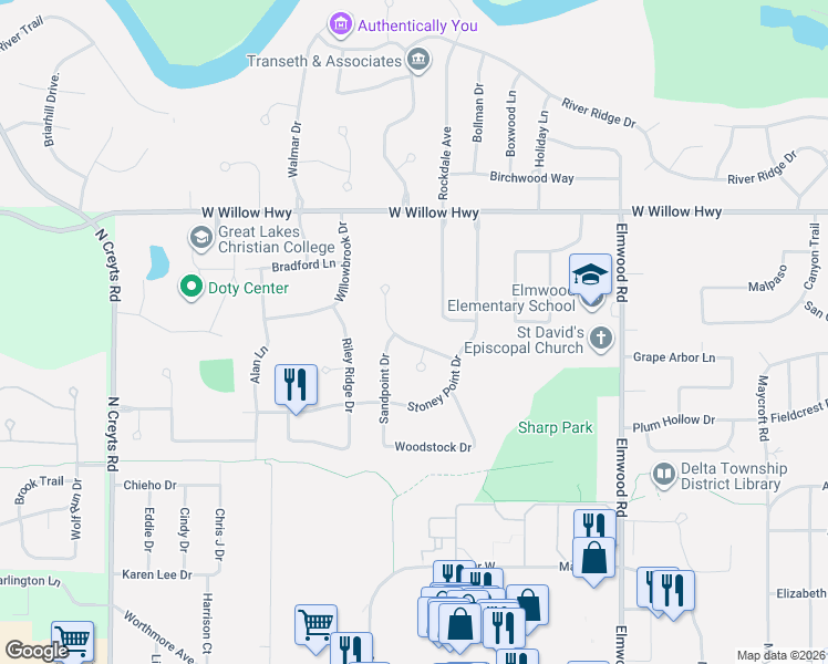map of restaurants, bars, coffee shops, grocery stores, and more near 5619 Bearcreek Drive in Lansing