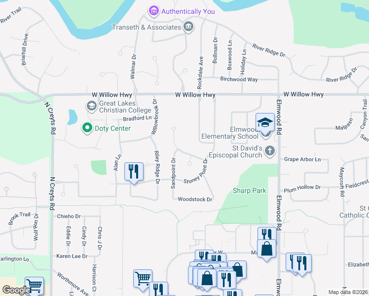 map of restaurants, bars, coffee shops, grocery stores, and more near 5619 Bearcreek Drive in Lansing