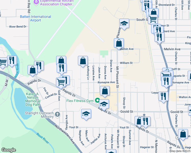 map of restaurants, bars, coffee shops, grocery stores, and more near 2400 Romayne Avenue in Racine