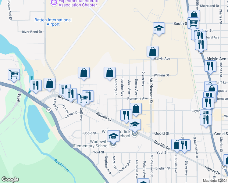 map of restaurants, bars, coffee shops, grocery stores, and more near 2525 Anthony Lane in Racine