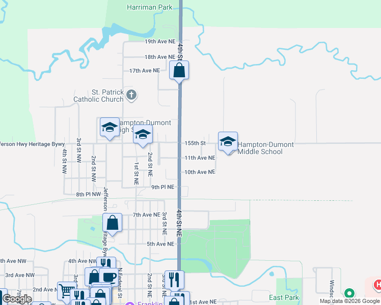 map of restaurants, bars, coffee shops, grocery stores, and more near 429 11th Avenue Northeast in Hampton