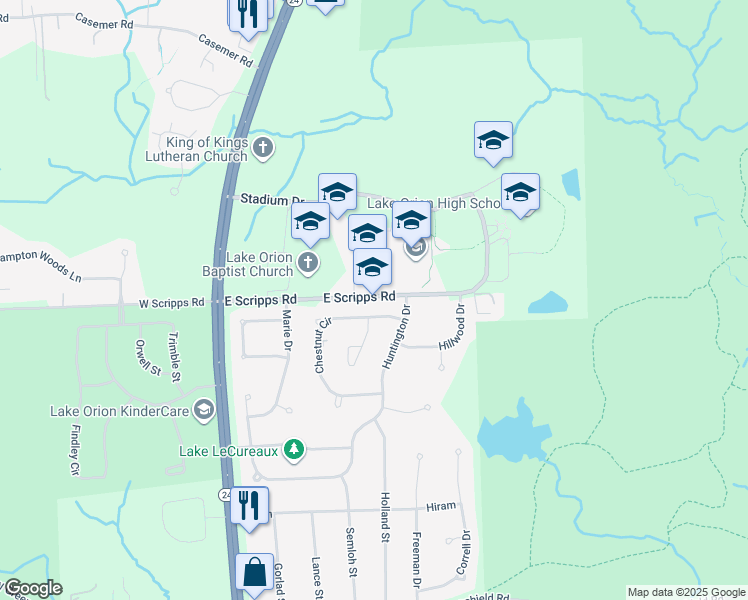 map of restaurants, bars, coffee shops, grocery stores, and more near in Orion Township