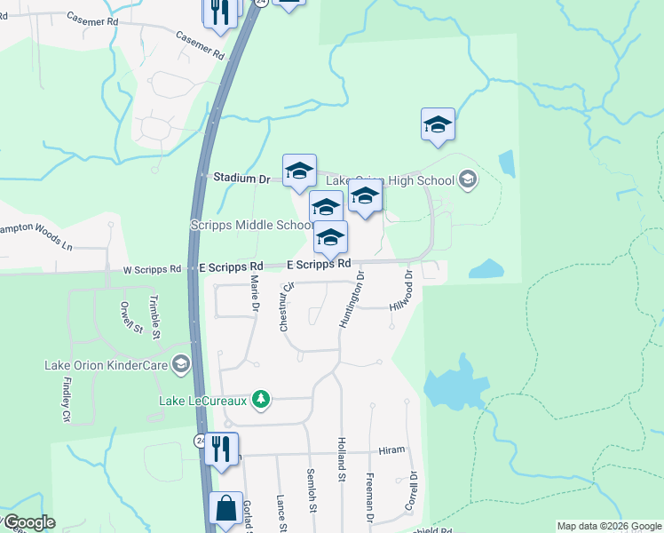 map of restaurants, bars, coffee shops, grocery stores, and more near 2040 Chestnut Circle in Orion charter Township