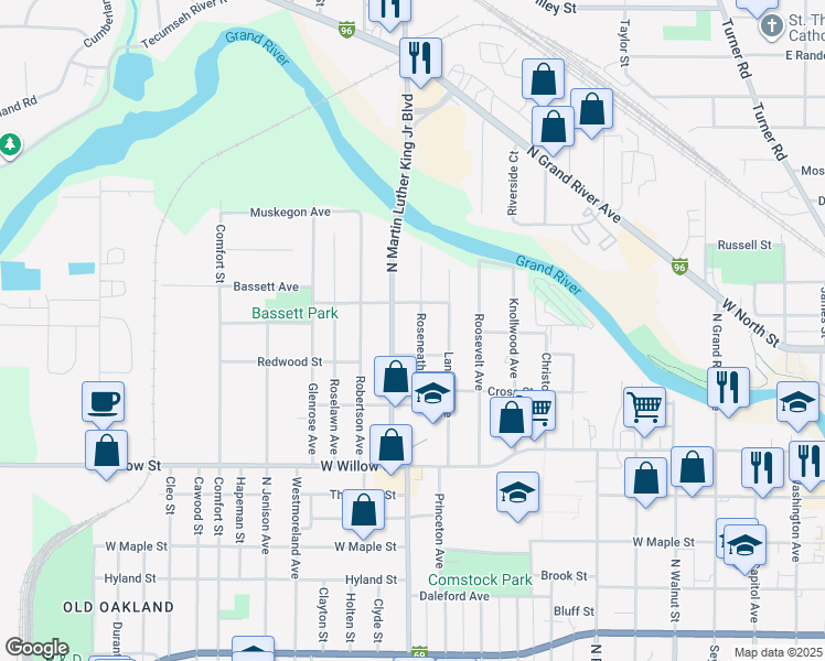 map of restaurants, bars, coffee shops, grocery stores, and more near 1028 Queen Street in Lansing