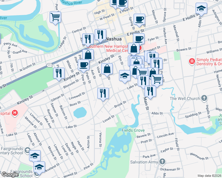 map of restaurants, bars, coffee shops, grocery stores, and more near 39 Lake Street in Nashua