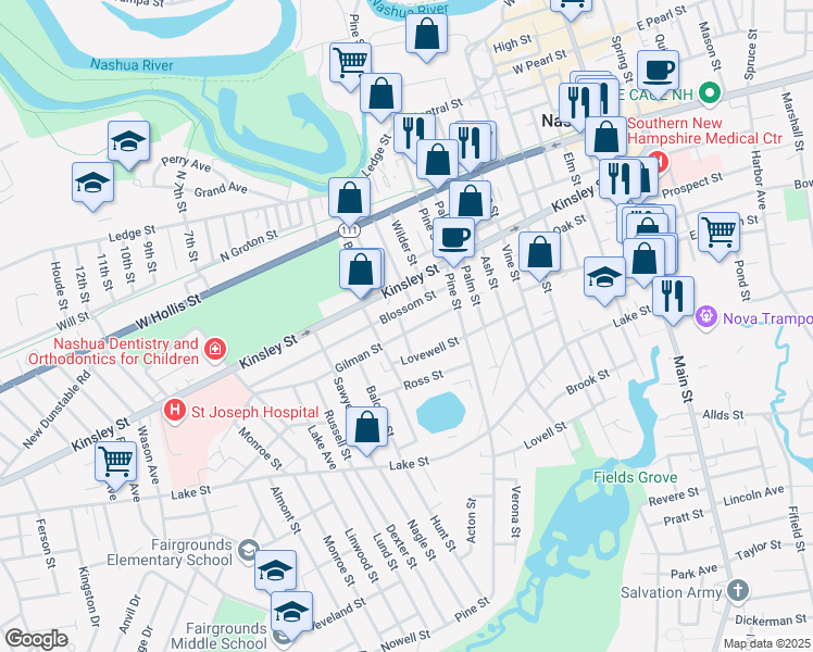 map of restaurants, bars, coffee shops, grocery stores, and more near 44 Gilman Street in Nashua
