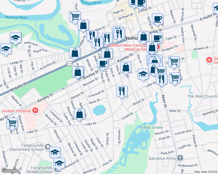 map of restaurants, bars, coffee shops, grocery stores, and more near 115 Palm Street in Nashua